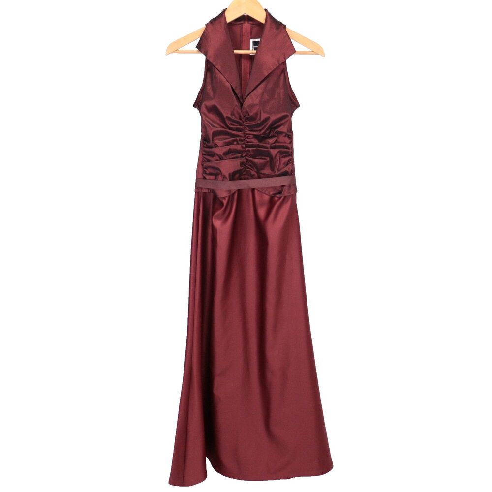 Tadashi Red Satin Collared Ruffled Waist Long Dress Formal Evening Gown Sz 4